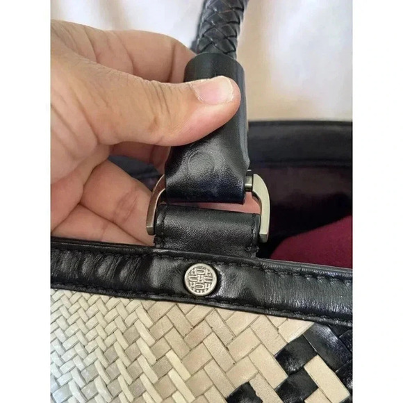 COLE HAAN Genevieve Woven Weave Black & White Tote Shoulder Bag Braided Handles - Picture 2 of 13